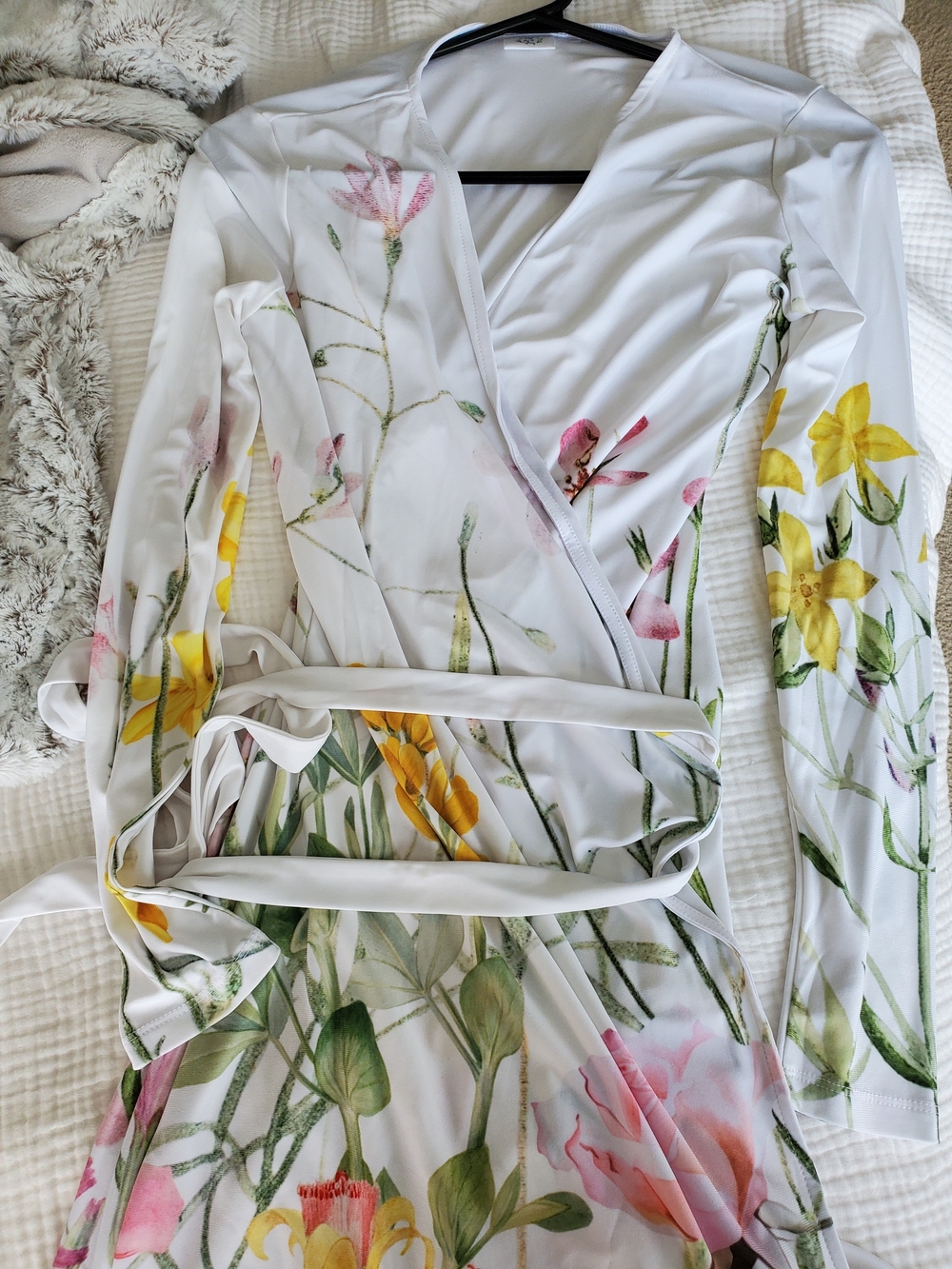 Floral Wrap Dress with Yellow & Pink Blooms - Picture 4 of 11